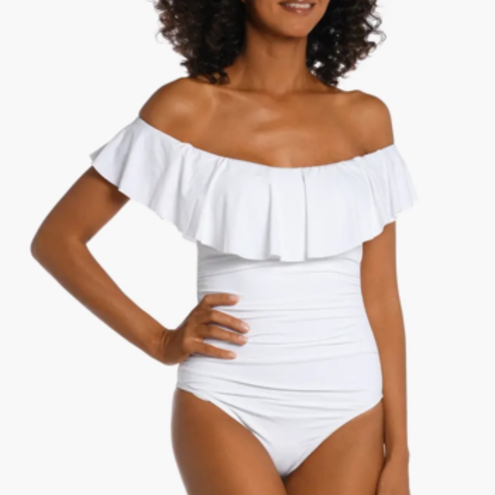 La Blanca, Island Goddess Off Shoulder Ruffle One Piece - White, NWT